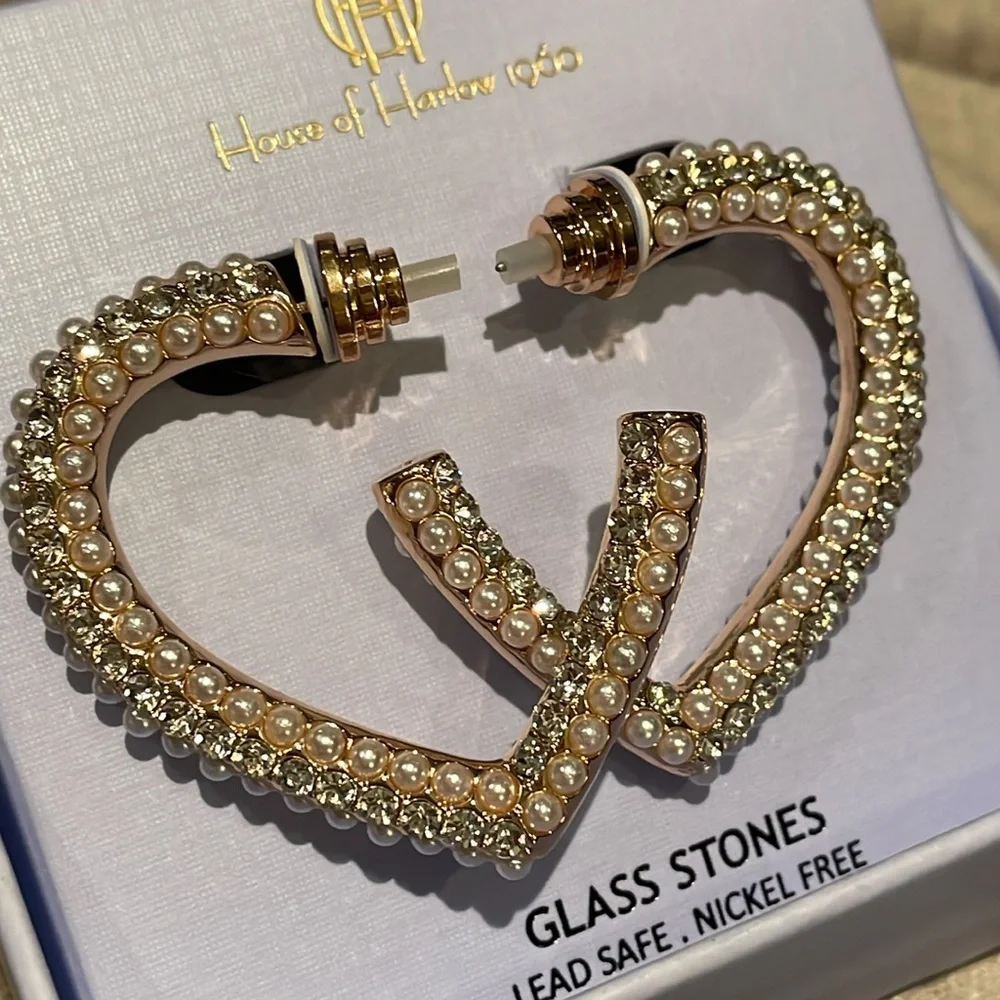 House Of Harlow 1960 Pearl & Glass Open Heart Earrings New In Box